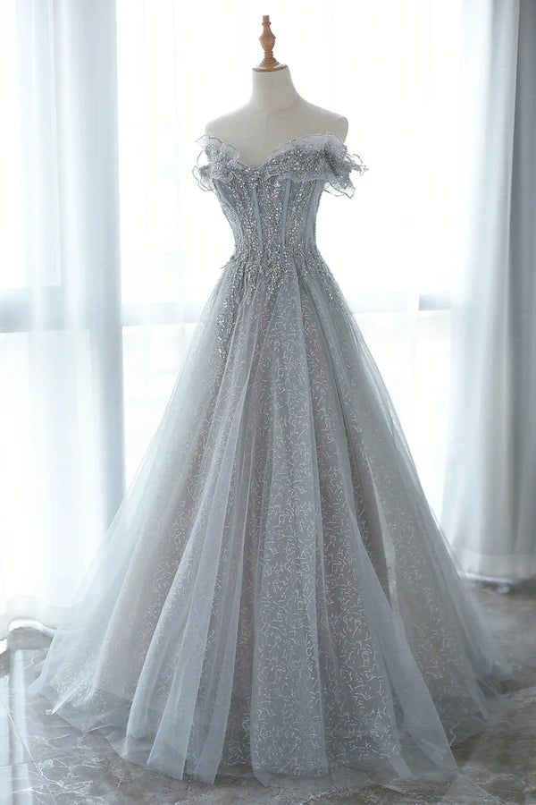 Wholesale Gray Tulle Lace Floor Length Evening Dress Off the Shoulder Prom Dress